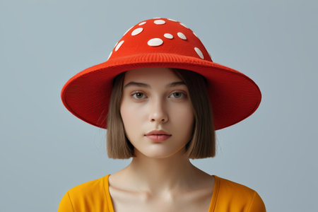 Portrait of young woman with red mushroom hatの素材