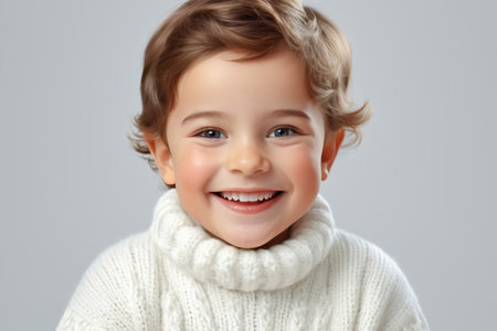 Portrait of smiling boy in white sweaterの素材