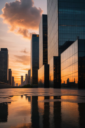 Reflecting city skyscrapers at sunsetの素材