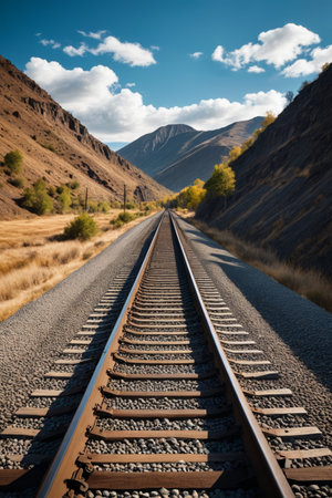 Scenic view of the railway tracks extending from the mountainsの素材