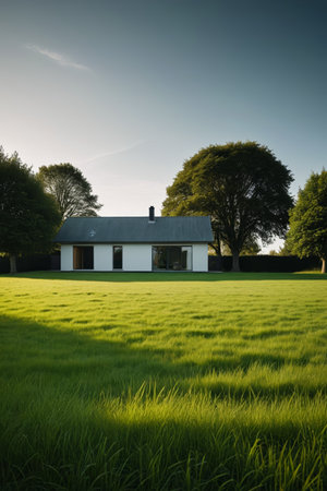 Modern cottage next to a pastoral meadowの素材