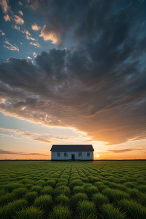 Cabin in the field with sunset skyの素材