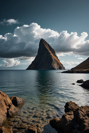 A conical rock landscape standing on the coastの素材