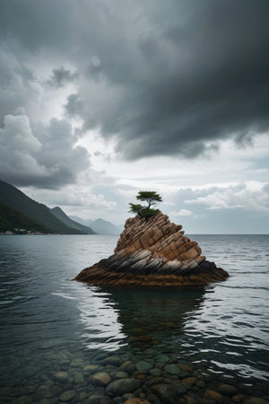 Natural landscape of trees on the top of the isolated rock at seaの素材