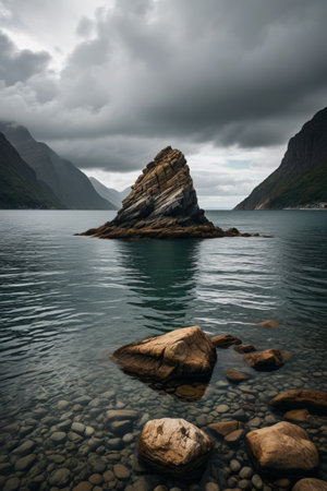 Isolated rocky landscape in a Norwegian fjordの素材