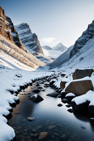 Snowy stream at the foot of the snow mountainの素材