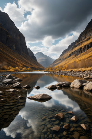 Tranquil lake scenery in the valleyの素材