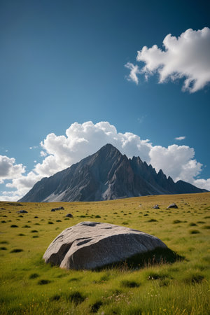 Boulders on the grassland and distant mountainsの素材