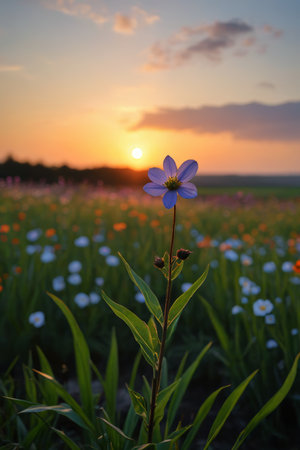 Small purple flowers in the field at sunsetの素材
