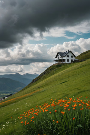 Houses and floral landscapes on the hillsideの素材