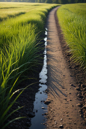 Dirt paths and greenery in the fieldsの素材