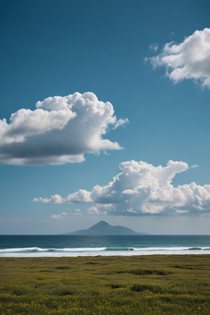 Seaside meadows and distant mountains with blue sky and white cloudsの素材