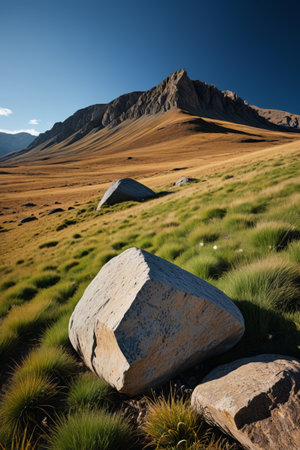 Outdoor mountain meadow boulder sceneryの素材