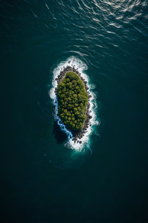 Green plants cover small islands in the oceanの素材