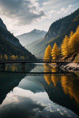 Autumn scenery of wooden bridges between mountains and riversの素材