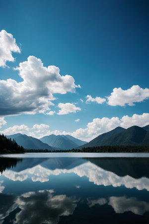 Lake and mountain scenery under blue sky and white cloudsの素材