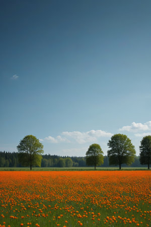 Field orange flower sea with distant treesの素材