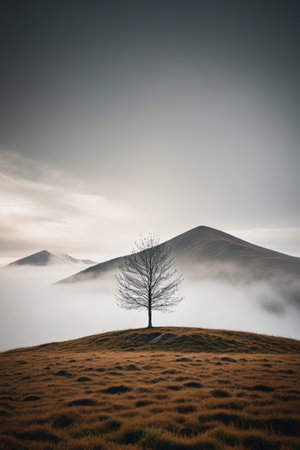 Lonely trees on the hills and distant mountain cloud landscapeの素材