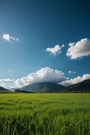 Green grassland scenery under blue sky and white cloudsの素材