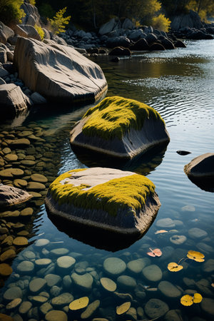 Moss covered rocky landscape by the waterの素材