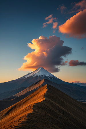 Snowy mountains and gorgeous cloud landscape at sunsetの素材