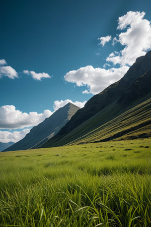 Vast grassland scenery at the foot of the mountainsの素材