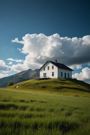 Single family white house on a prairie hillの素材