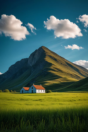 View of houses on the mountain grasslandの素材