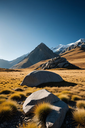Boulders in the mountains and snowy mountain scenery in the distanceの素材