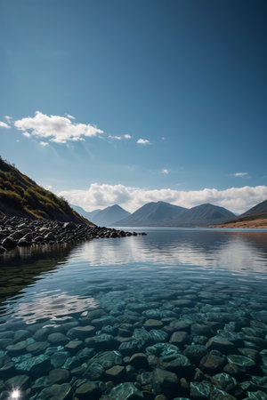 Clear lake water and distant mountains and blue sky sceneryの素材