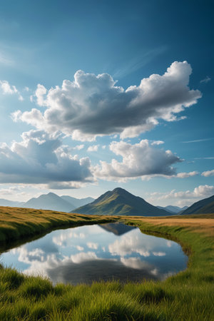 Mountain meadows, lakes and blue sky and white clouds landscapeの素材