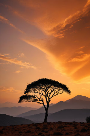 Lone trees and distant mountain scenery at sunsetの素材