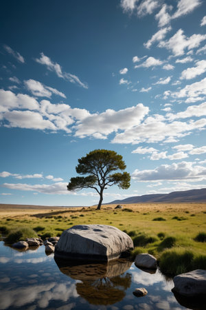 Landscape of lone trees and puddles in the wildernessの素材