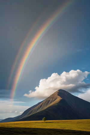 Double rainbow landscape on mountain grasslandの素材