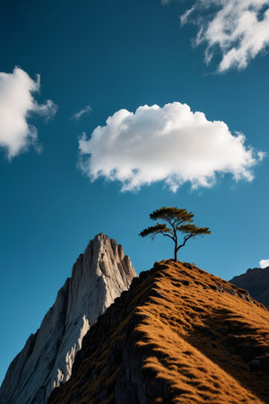 The lone tree on the top of the mountain and the blue sky mountain landscapeの素材