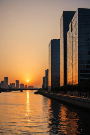 Sunset view of riverside high rise buildingsの素材