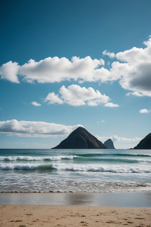 Beach and distant mountain landscape under blue sky and white cloudsの素材