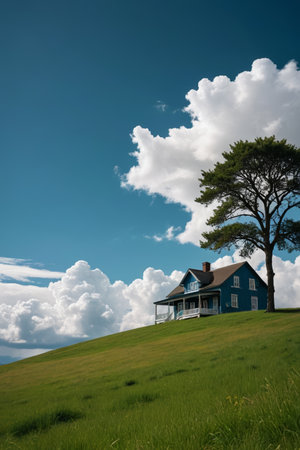 Single family house on the grass under blue skyの素材