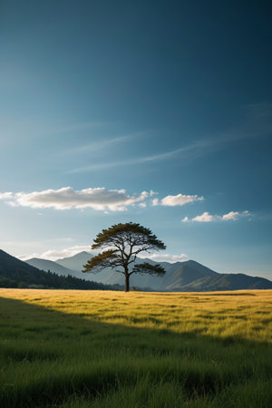 Lonely trees in the wilderness and distant mountain sceneryの素材
