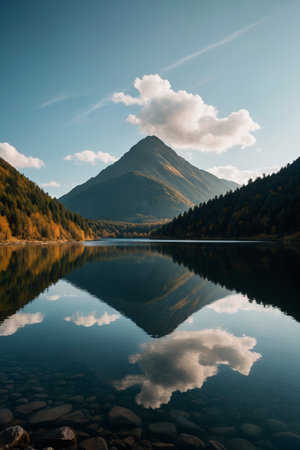 Panoramic view of natural scenery of mountains, forests and lakesの素材