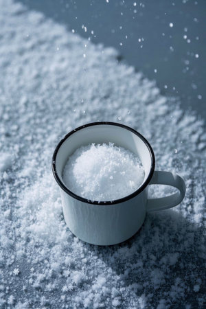 Close up of a white enamel cup filled with snowの素材