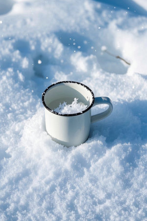 White enamel cup in the snowの素材