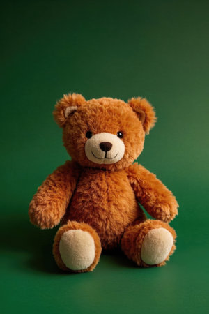 Brown stuffed bear on green backgroundの素材