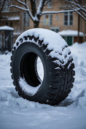 Snow covered tires in the snowの素材