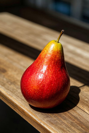 Close up of a red pear on a wooden tableの素材