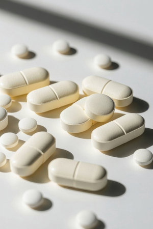 Scattered white pills and capsule materialsの素材