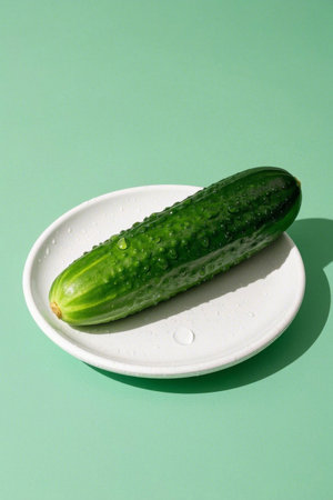 Fresh cucumbers on a white plateの素材