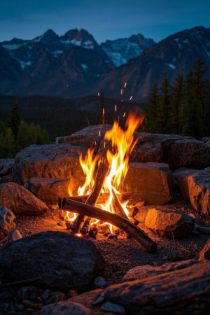 Mountain bonfires and distant mountain scenesの素材