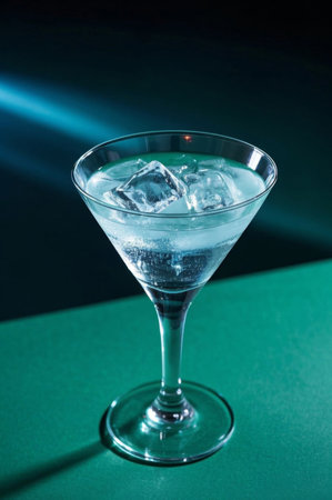 Martini glass filled with clear liquid containing iceの素材