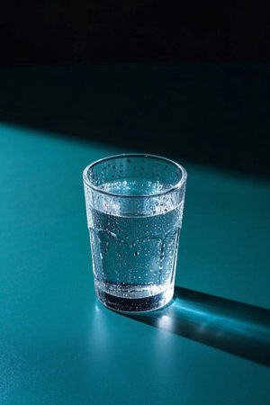 Glass water cup on tabletop for clear liquidの素材